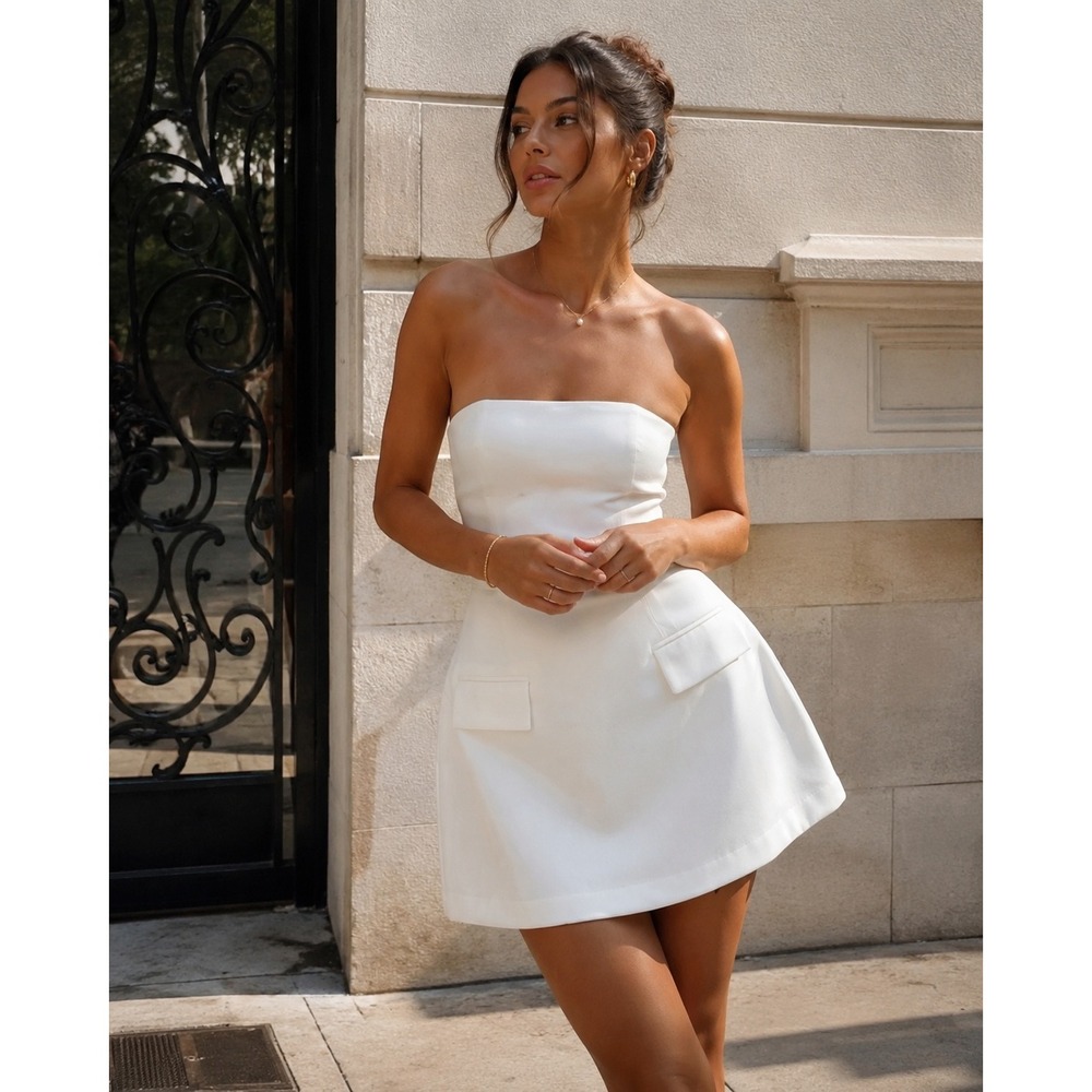 Commense White Strapless Mini Dress Pocket Detail Cocktail Party Size L